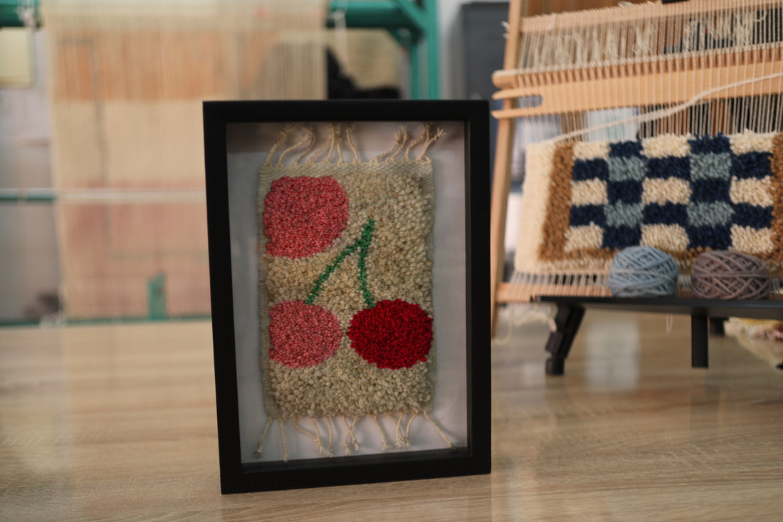 Framed Triple Cherry Tufted Wall Art – Pink & Red Fruit Decor – Handmade Wool Tapestry – Colorful Minimalist Kitchen Art – Moroccan Textile Gift