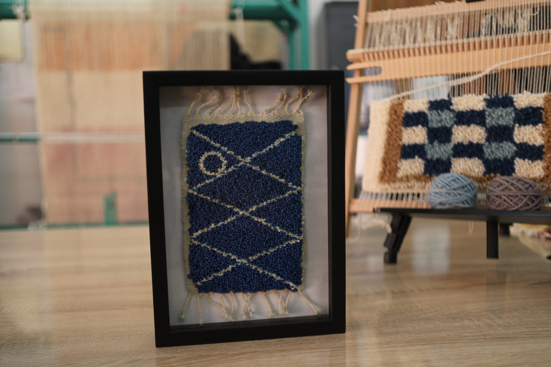 Framed Handwoven Blue Geometric Wall Art – 25x31cm Wool Textile with Diamond & Dot Design