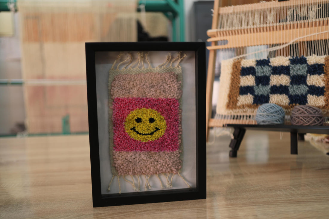 Framed Moroccan Rug Wall Hanging – Pink & Beige Tufted Smiley Face | Handcrafted Textile Art