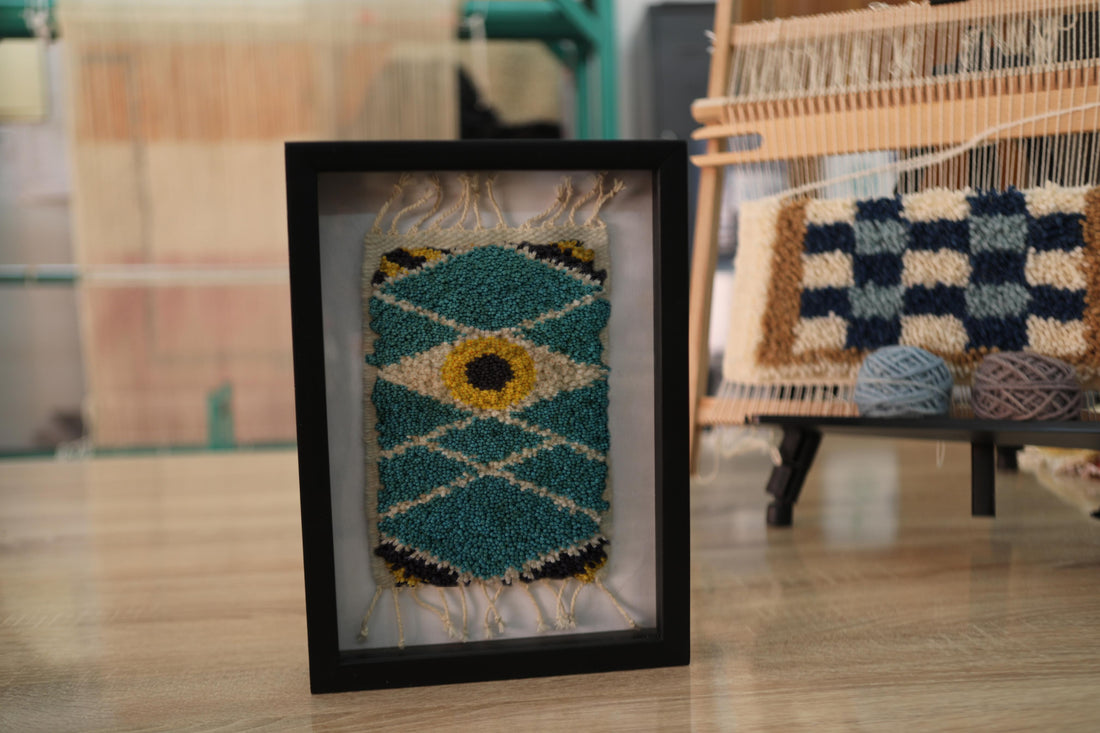 Framed Moroccan Rug Wall Art – Diamond Turquoise & Yellow Tribal Design