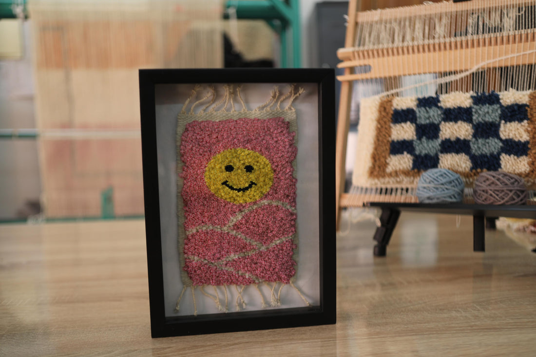 Framed Moroccan Rug Wall Art – Smiley Face in Pink Floral Abstract | Hand-Tufted Wool Wall Hanging