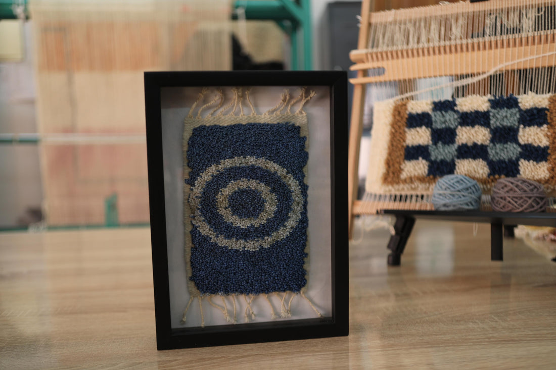 Framed Circular Wool Wall Art – Handwoven Navy & Beige Spiral Tapestry | Modern Boho Textile Decor