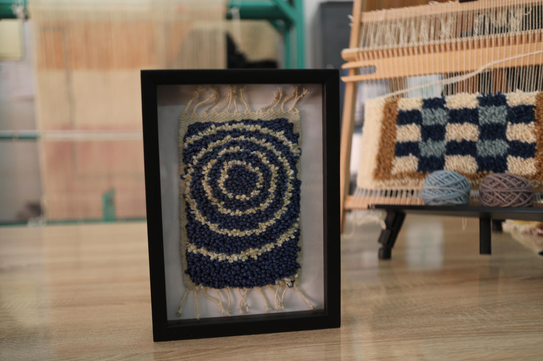 Framed Circular Wool Wall Art – Handwoven Navy & Beige Spiral Tapestry | Modern Boho Textile Decor