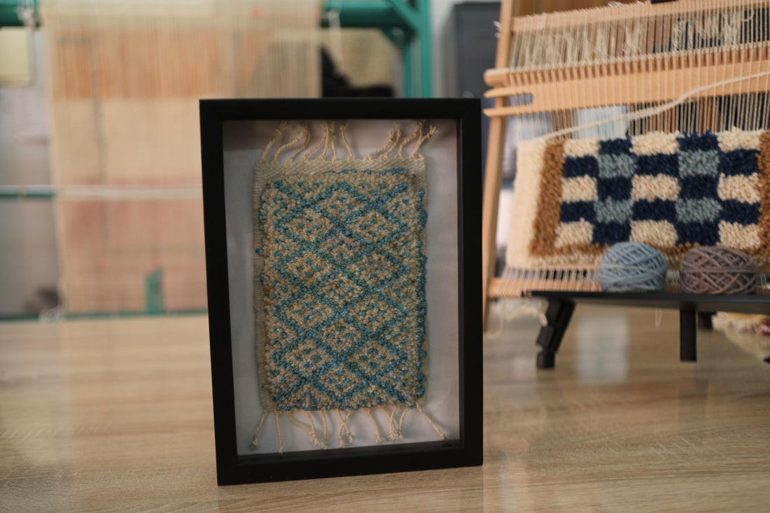 Framed Moroccan Rug Wall Art – Blue Diamond Wool Textile Hanging in Shadow Box Frame