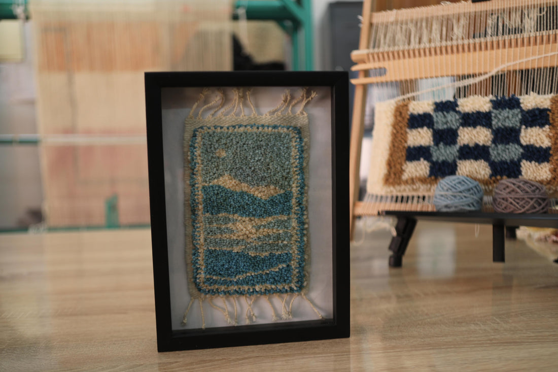 Framed Moroccan Rug Art – Abstract Sunset Wool Tapestry in Shadow Box Frame