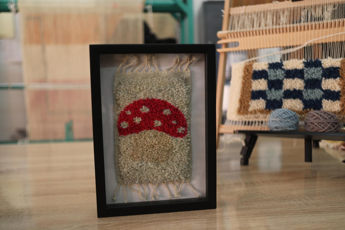 Framed Moroccan Rug Wall Art – Minimalist Red Mushroom Tufted Wool | Handmade Berber Decor