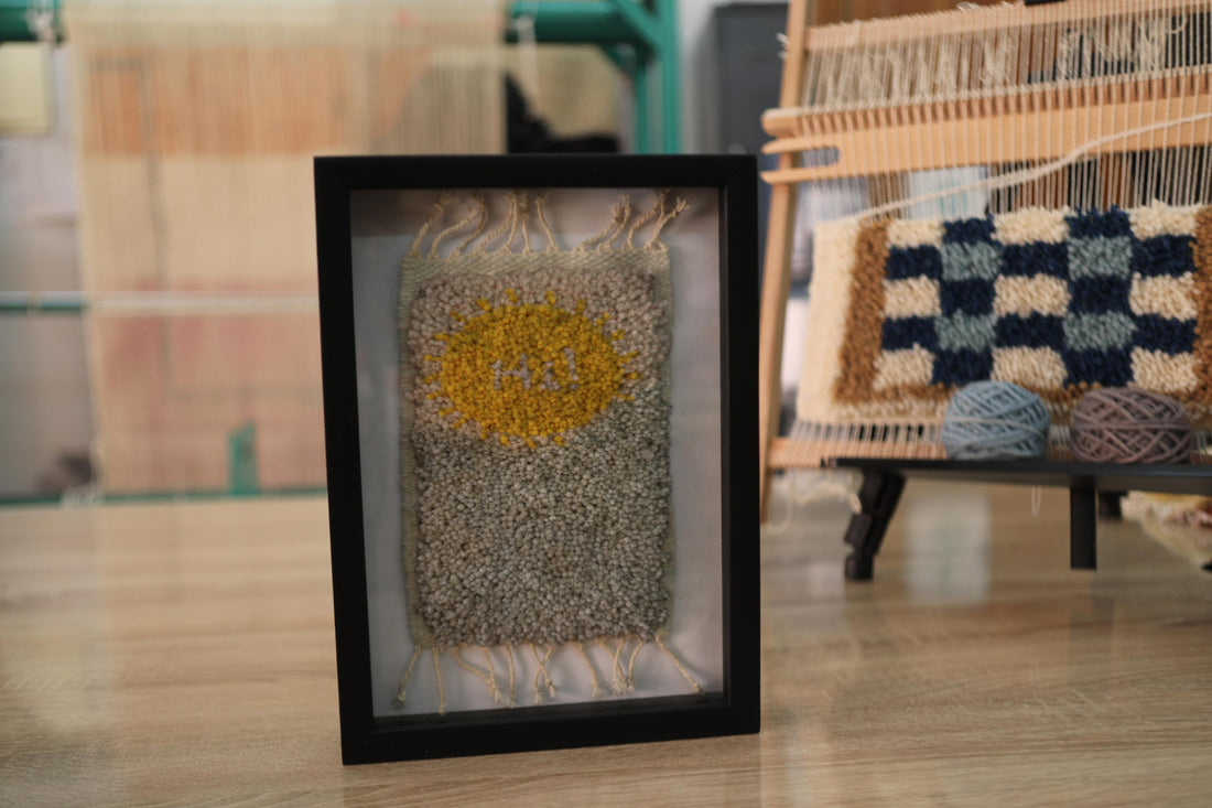 Framed Yellow “Hi!” Moroccan Rug Wall Hanging – Handmade Text Art