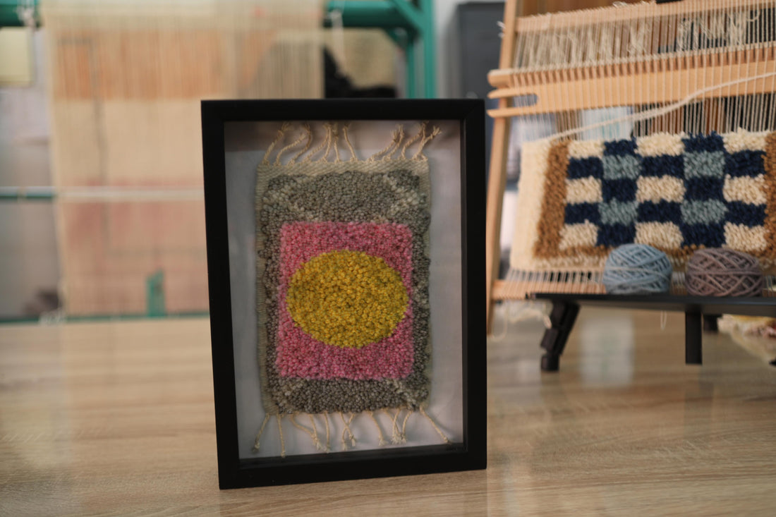 Framed Moroccan Rug Wall Art – Abstract Yellow Sun on Pink & Gray Wool Tapestry