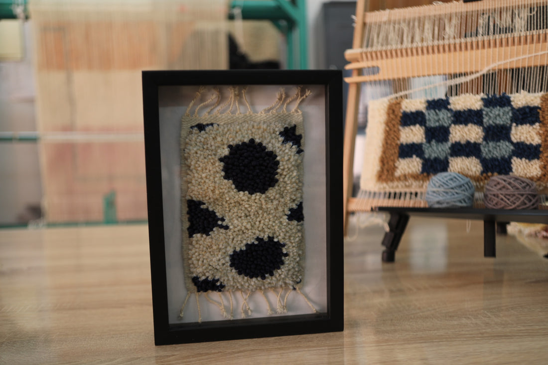 Handmade Moroccan Rug Wall Art – Large Bold Dot Pattern – Cream & Black – Framed Berber Textile – Minimalist Boho Decor