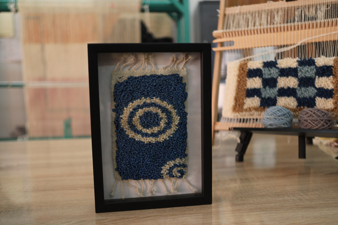 Framed Wool Wall Hanging with Double Spiral – Handwoven Navy & Beige Tapestry 25x31cm