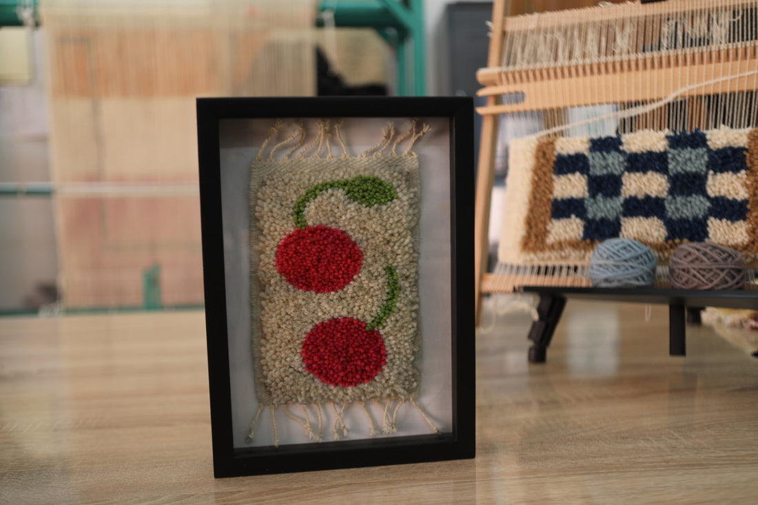 Framed Tufted Cherry Wall Art – Double Cherries with Leaf – Handmade Wool Tapestry in Black Frame – Fruit Kitchen Décor by MyRugy