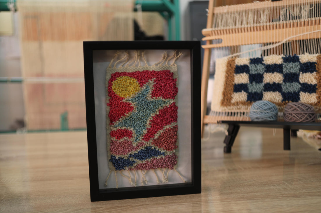 Abstract Sun & Wave Wool Wall Art – Handwoven Tapestry in Frame (25x31cm)