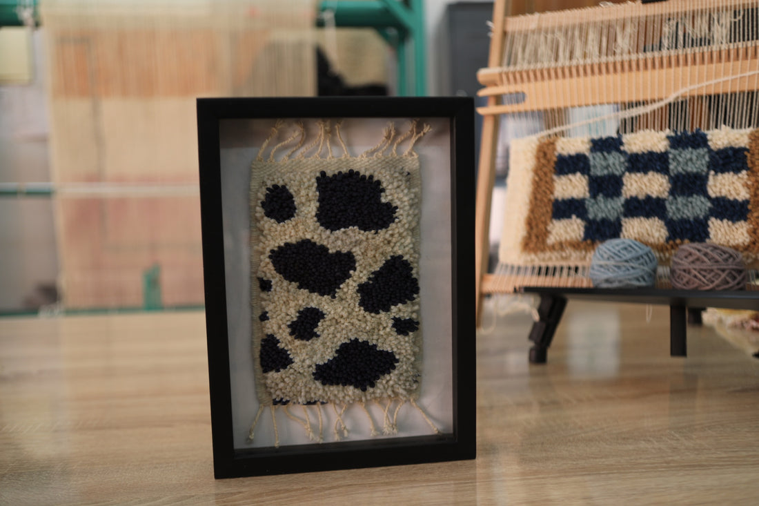 Handmade Moroccan Rug Wall Art – Abstract Berber Dot Motif – Black on Cream Wool – Framed Tribal Textile – Organic Boho Decor