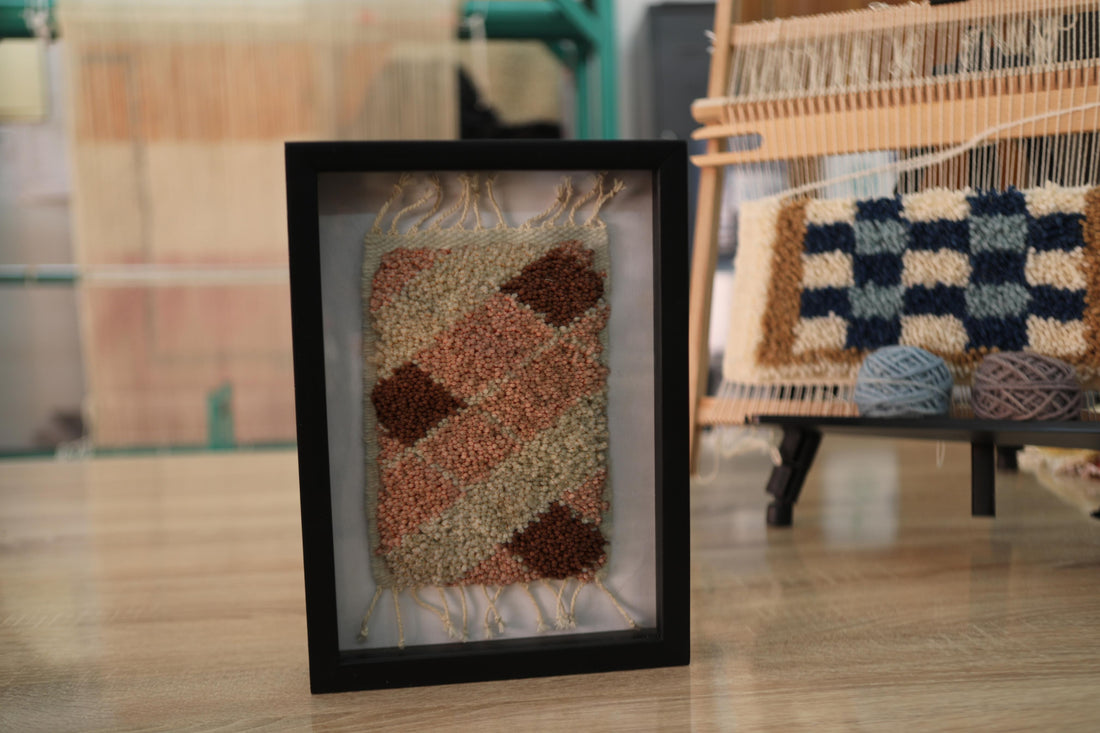 Handwoven Diagonal Check Wool Wall Hanging – Framed Boho Textile Art (25x31cm)