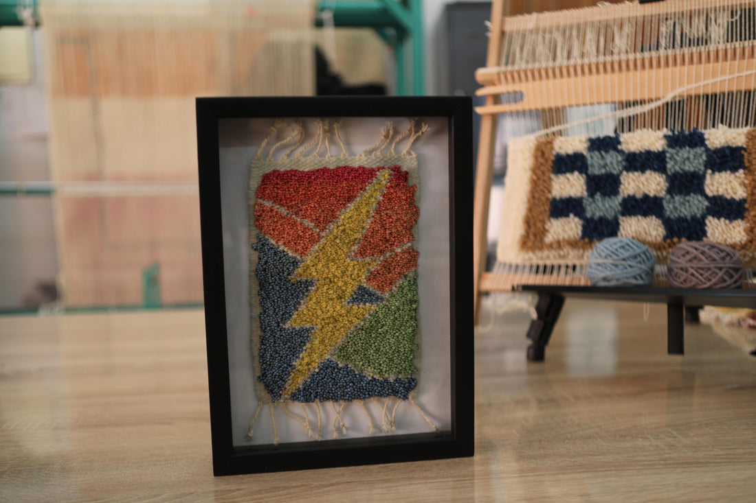 Abstract Lightning Bolt Wool Wall Art – Handwoven Framed Tapestry (25x31cm)
