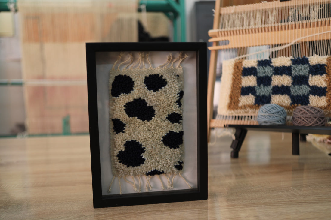 Handmade Moroccan Rug Wall Art – Balanced Abstract Dot Motif – Black & Cream Wool – Framed Berber Textile – Modern Boho Decor