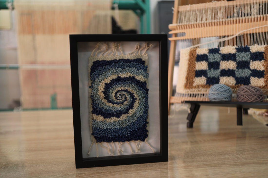 Framed Spiral Wool Wall Art – Handwoven Blue Gradient Textile Decor 25x31cm