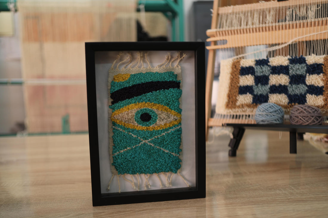 Framed Moroccan Rug Eye Wall Art – Teal & Gold Handwoven Tapestry Decor