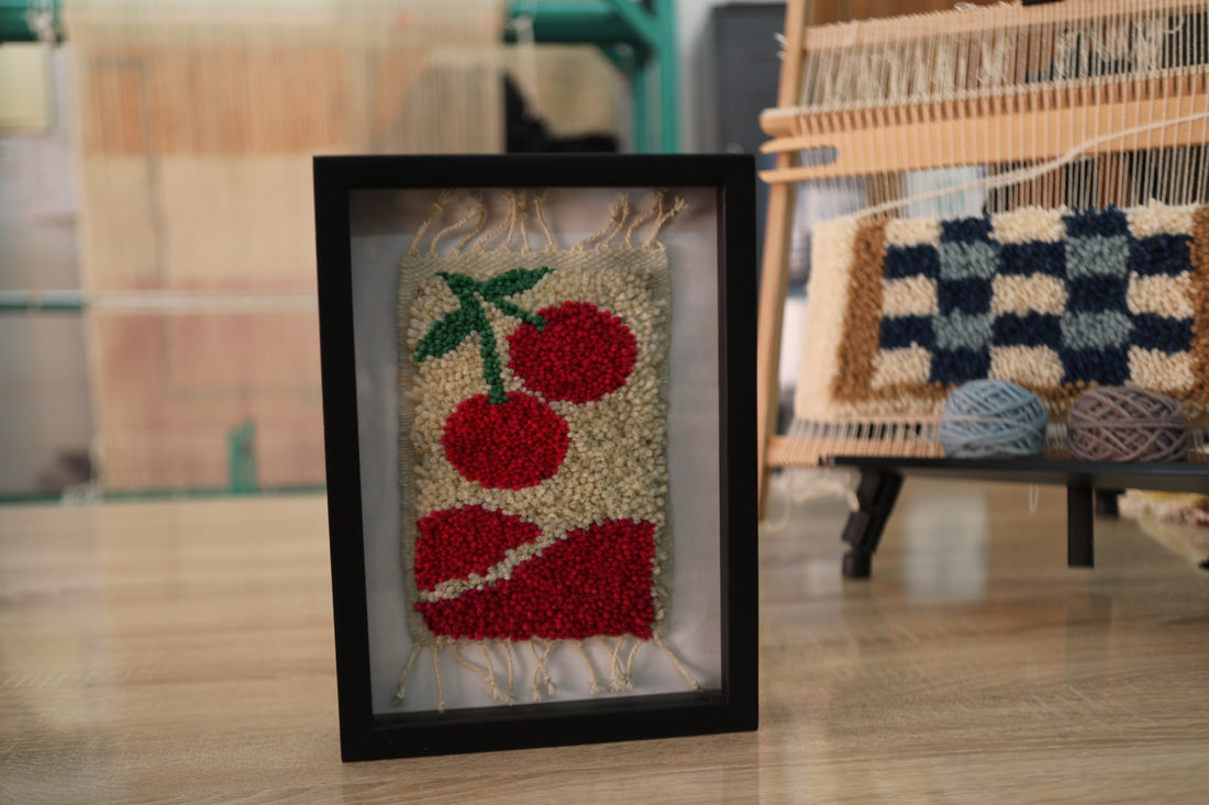 Bold Cherry Textile Wall Art – Abstract Red Geometry with Hand-Tufted Cherries – Framed Artwork by MyRugy