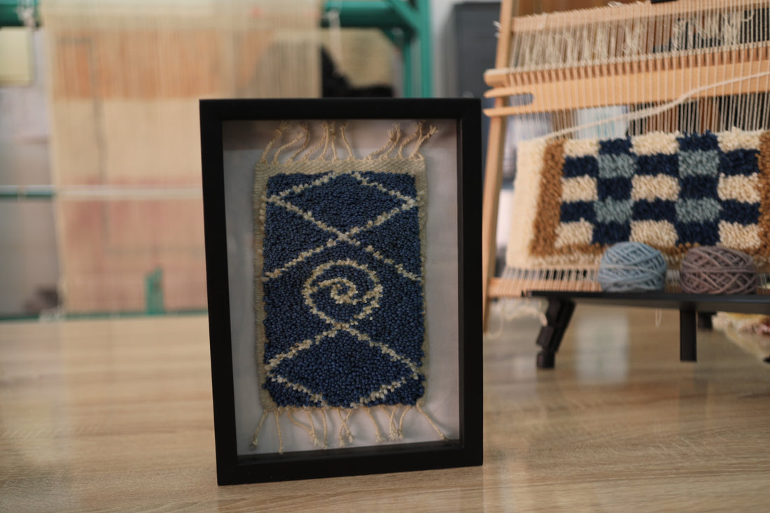 Framed Spiral Wool Wall Hanging – Handwoven Blue & Cream Textile Art (25x31cm)