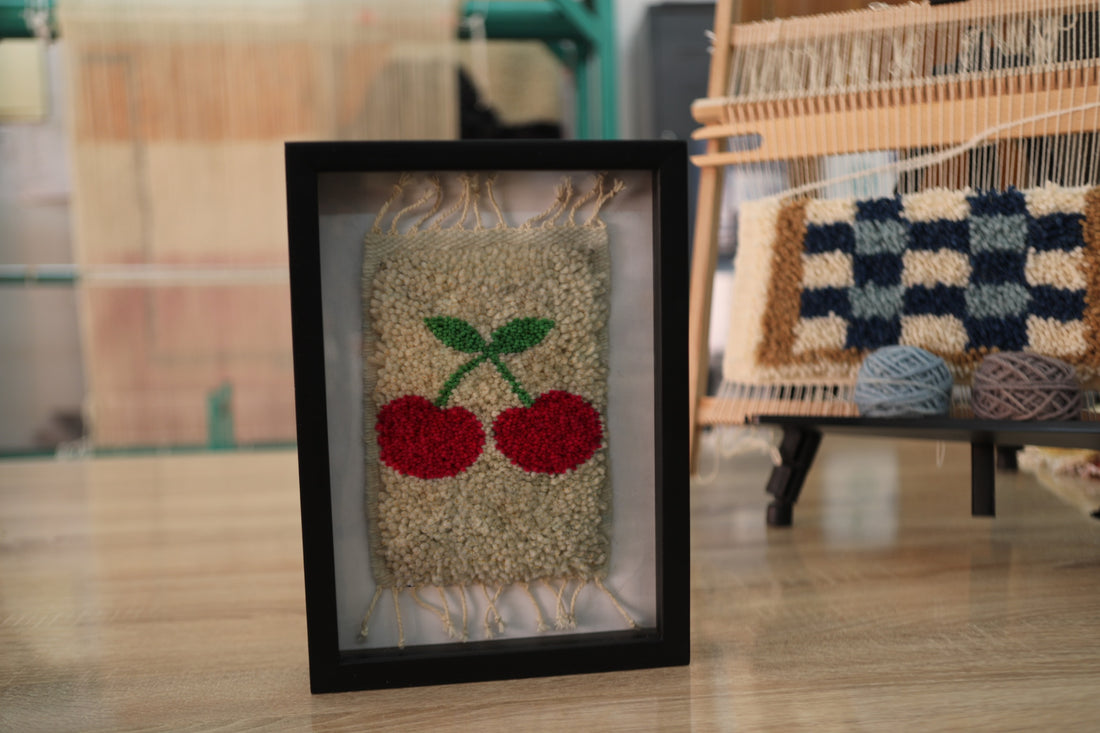 Minimalist Cherry Tufted Wall Art – Classic Red Cherries with Green Leaves – Framed Handmade Textile Art by MyRugy