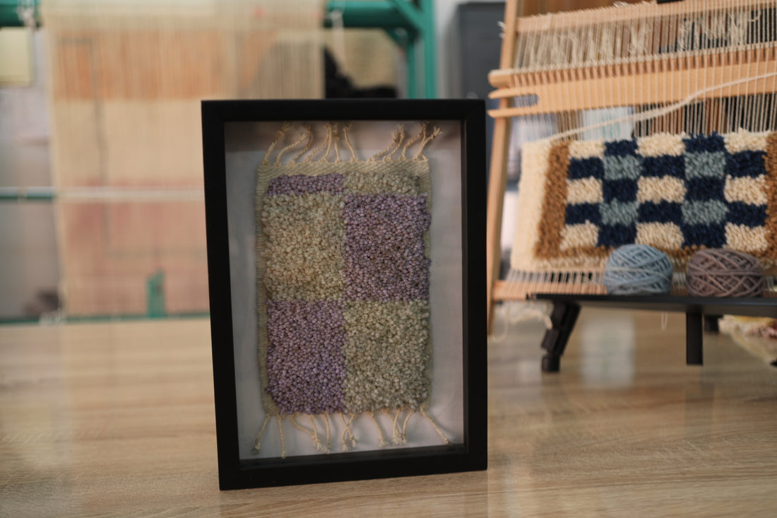 Patchwork Harmony – Hand-Tufted Framed Fiber Art in Lavender & Sage | Modern Textile Wall Deco