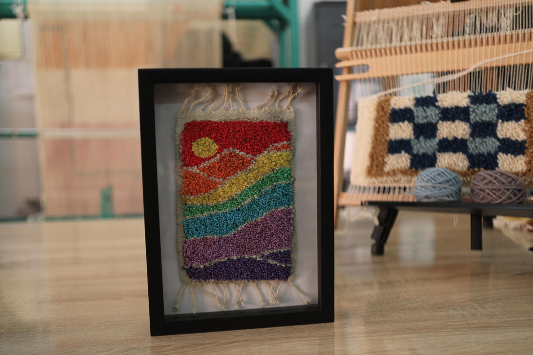 Rainbow Sunset Wool Wall Art – Handmade Framed Tapestry 25x31cm