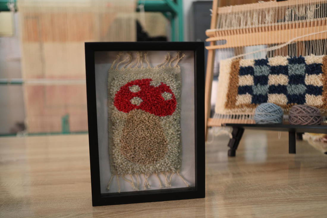 Tall Cap Framed Moroccan Mushroom Rug – Tufted Wool Wall Hanging Art for Whimsical Decor