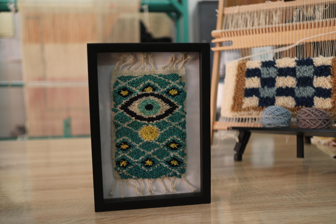 Framed Moroccan Rug Wall Art – Evil Eye Tapestry with Diamond Motif in Teal & Yellow