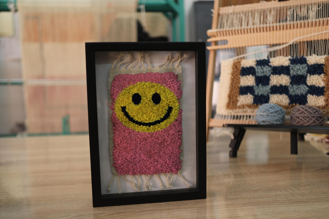 Framed Smiley Face Moroccan Rug Wall Art – Hand-Tufted Pink & Yellow Wool Decor