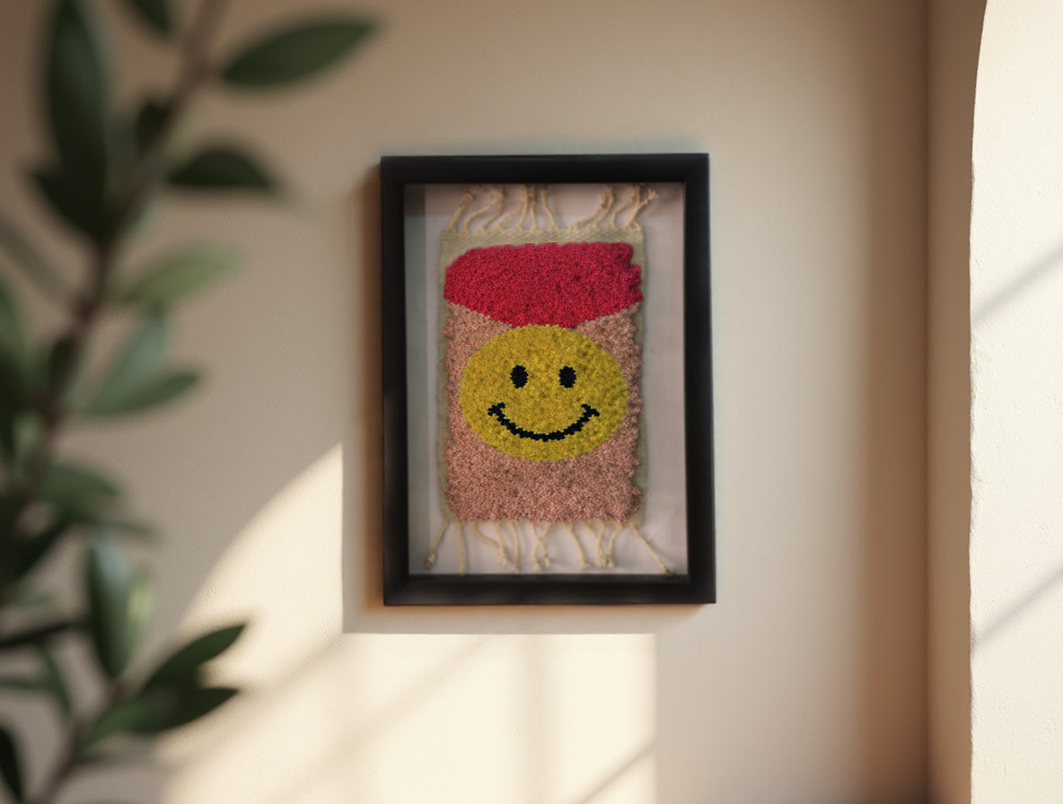 Framed Moroccan Rug Wall Hanging – Smiley Face with Red Crown | Handmade Tufted Art