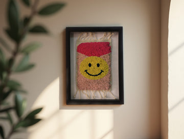 Framed Moroccan Rug Wall Hanging – Smiley Face with Red Crown | Handmade Tufted Art