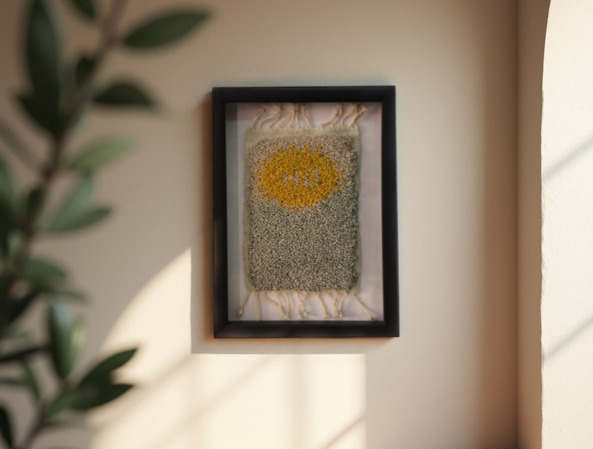 Framed Yellow “Hi!” Moroccan Rug Wall Hanging – Handmade Text Art