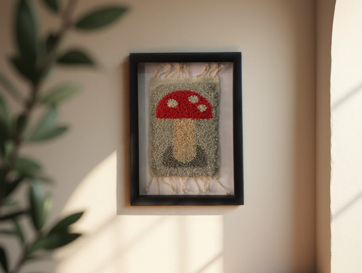 Framed Moroccan Mushroom Rug Wall Hanging – Red & White Wool Tapestry for Whimsical Boho Decor