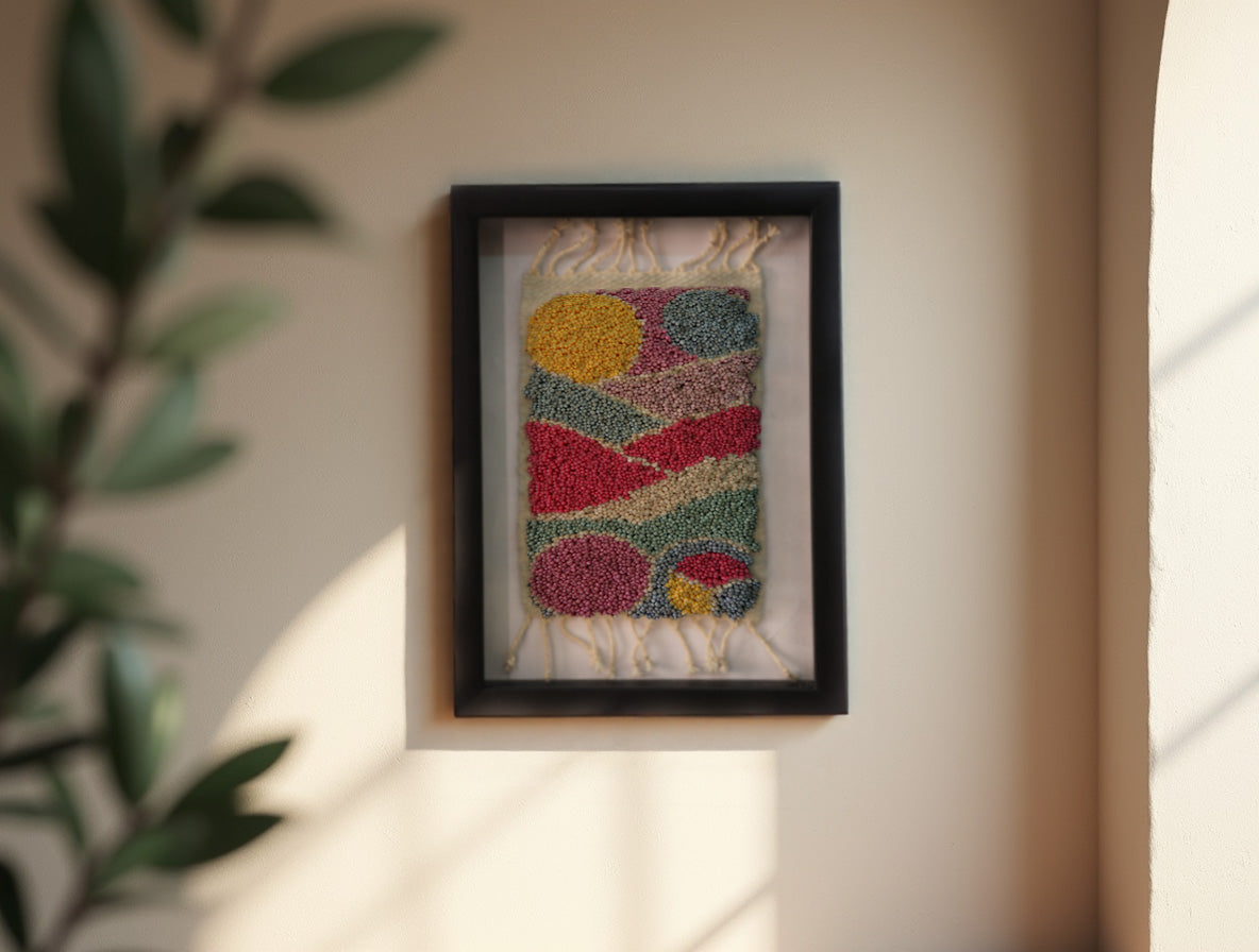 Framed Abstract Moroccan Rug Wall Art – Colorful Tufted Wool Textile for Modern Boho Interiors