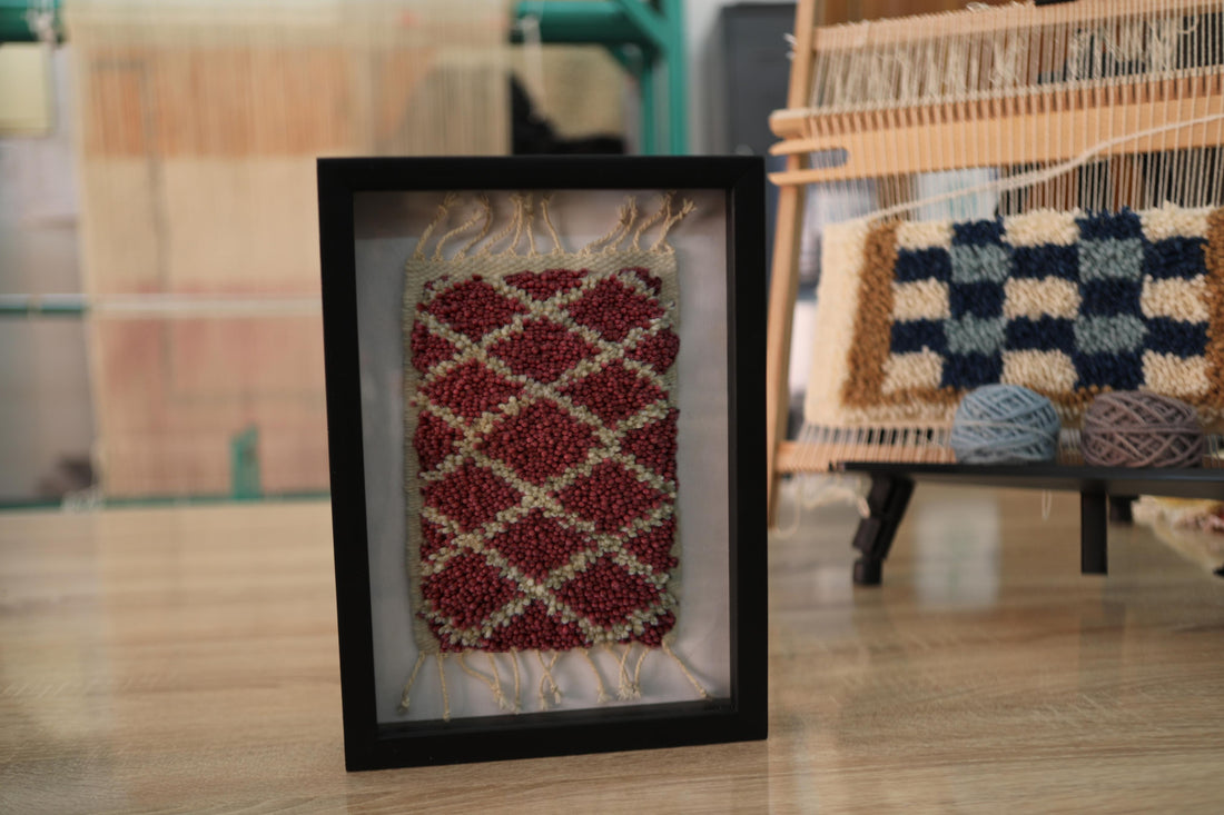 moroccan rug, red diamond moroccan wall art, framed mini rug, hand-knotted moroccan textile, traditional berber pattern, boho decor, small moroccan rug, wool wall hanging, artisan home decor, knot by knot rug
