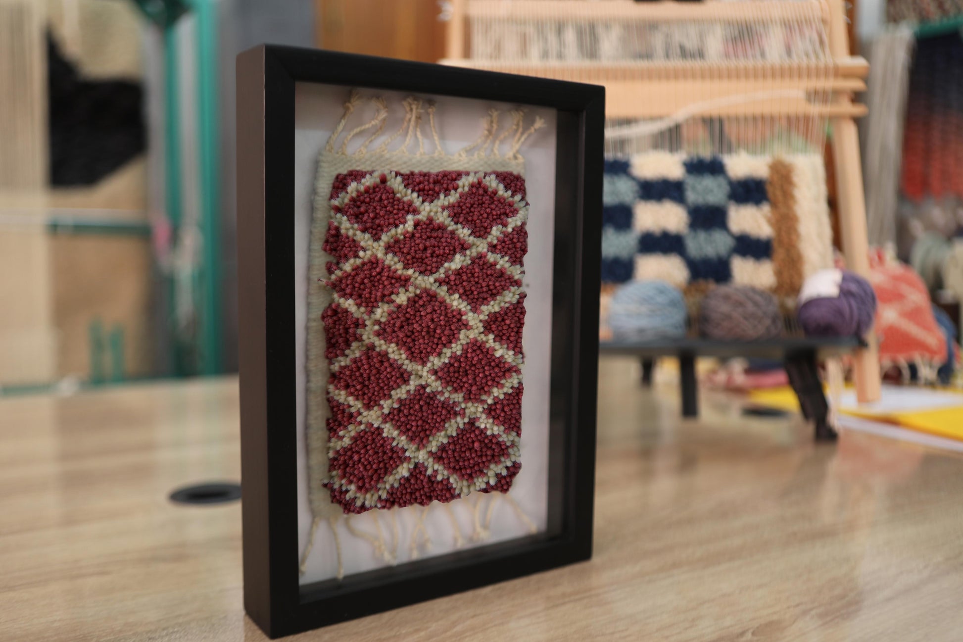 moroccan rug, red diamond moroccan wall art, framed mini rug, hand-knotted moroccan textile, traditional berber pattern, boho decor, small moroccan rug, wool wall hanging, artisan home decor, knot by knot rug
