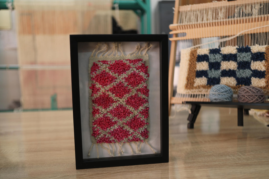 Framed, Moroccan rug, wall art, diamond pattern, red wool, beige wool, black shadow box frame, handmade textile decor, wall hanging
