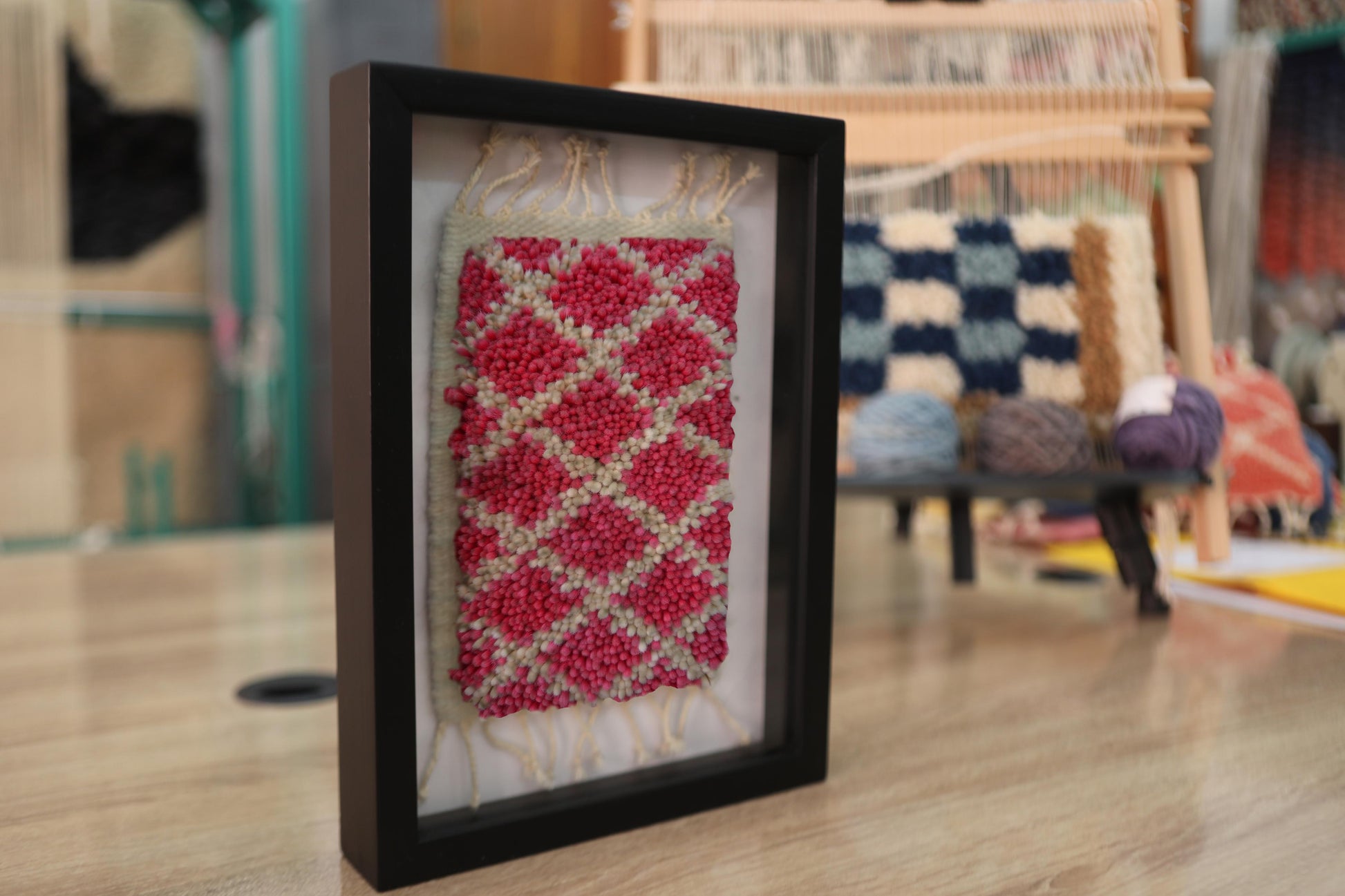 Framed, Moroccan rug, wall art, diamond pattern, red wool, beige wool, black shadow box frame, handmade textile decor, wall hanging

