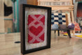 Framed, Moroccan rug, wall art, red heart motif, wool textile, handmade decor, boho wall art, shadow box frame, love symbol rug, heart wall hanging, artisan Moroccan design, romantic textile art
