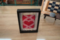 Framed, Moroccan rug, wall art, red heart motif, wool textile, handmade decor, boho wall art, shadow box frame, love symbol rug, heart wall hanging, artisan Moroccan design, romantic textile art
