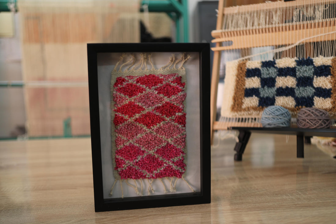 Framed, Moroccan rug, wall art, diamond pattern, red wool, beige wool, black shadow box, handmade, textile wall decor, boho style, living room art