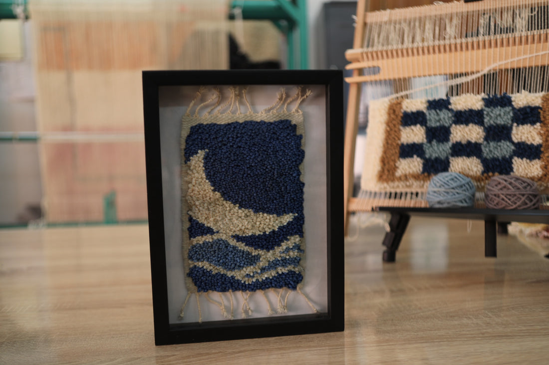Handmade Moroccan Moon and Stars Framed Art | Wool Rug Decor in Oak Frame | Unique Cultural Wall Art for Home or Gift
