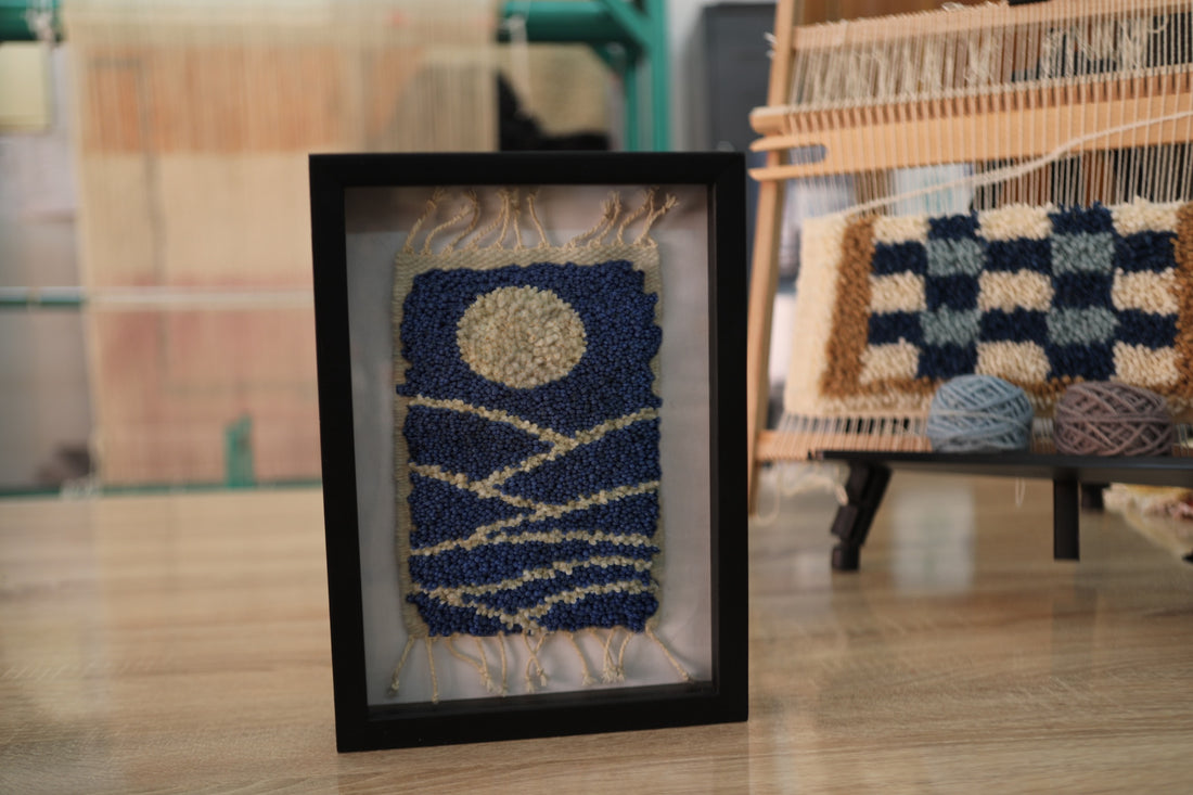 Handmade Moroccan Rug Wall Art, Framed Tapestry with Moon and Stars, Wool Decor in Solid Oak Wood, Ready to Hang, Cultural Gift