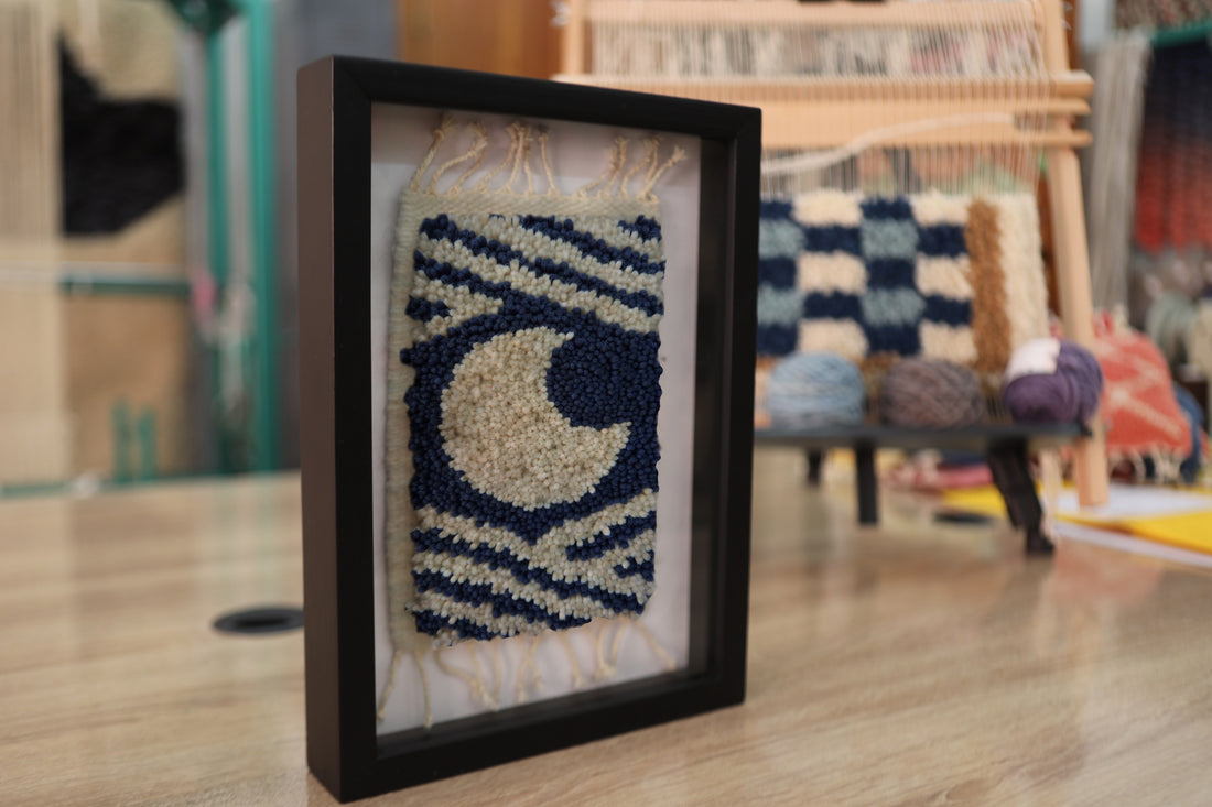 Handmade Moroccan Rug Art in Solid Oak Frame, Navy & White Moon and Stars Decor, Cultural Wall Hanging, Framed Heritage Gift