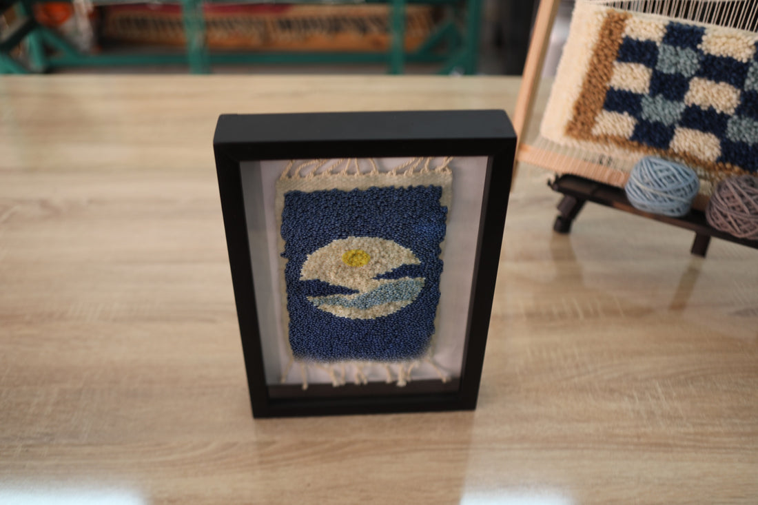 Handmade Moroccan Framed Rug Art, Moon and Stars Design, Navy and White, Oak Wood Frame, Unique Cultural Wall Decor, 25x31 cm Gift