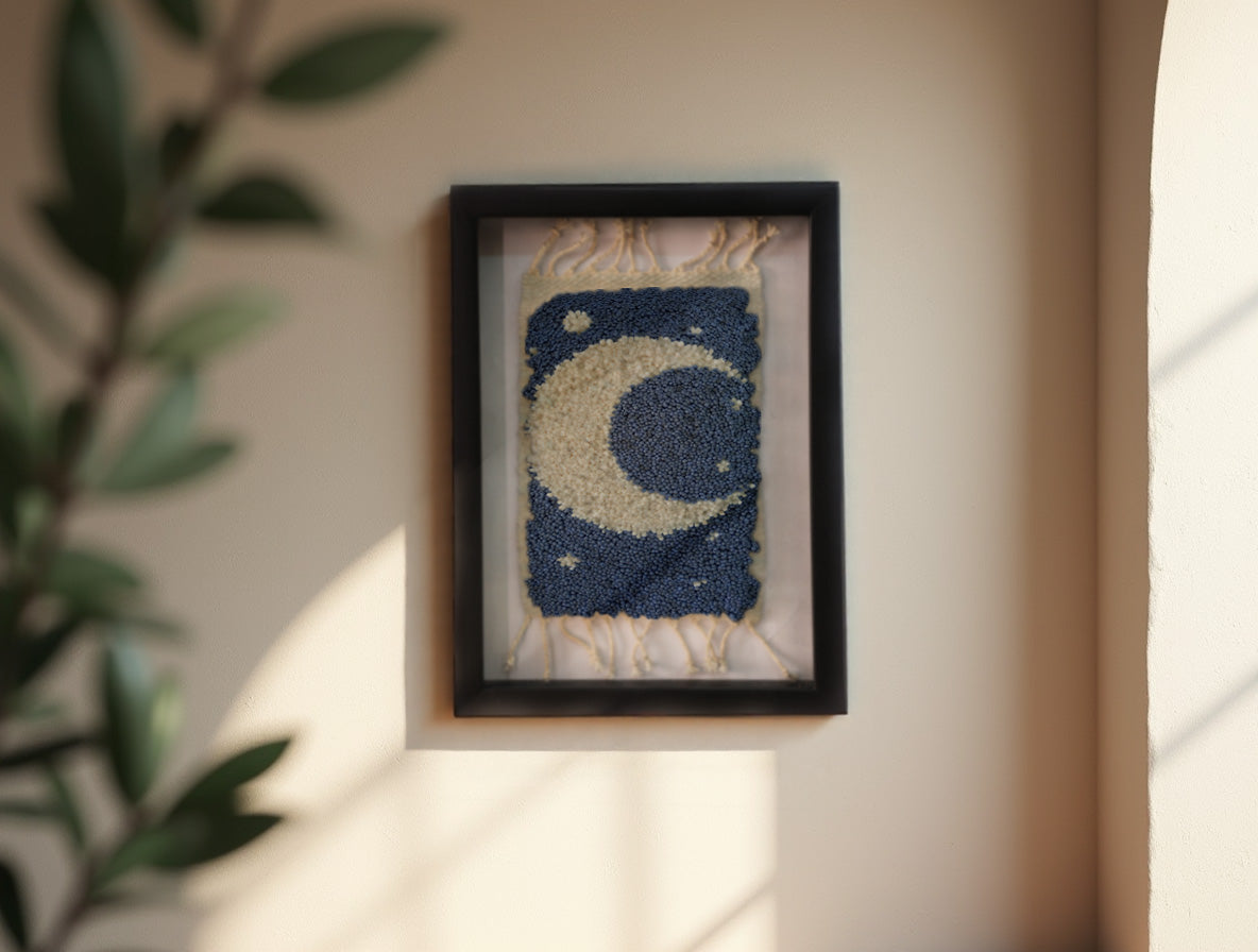 Hand-Knotted Framed Moroccan Rug Art in Oak Wood, Moon & Stars Motif, Navy & White, Cultural Home Decor, Gift for Collectors