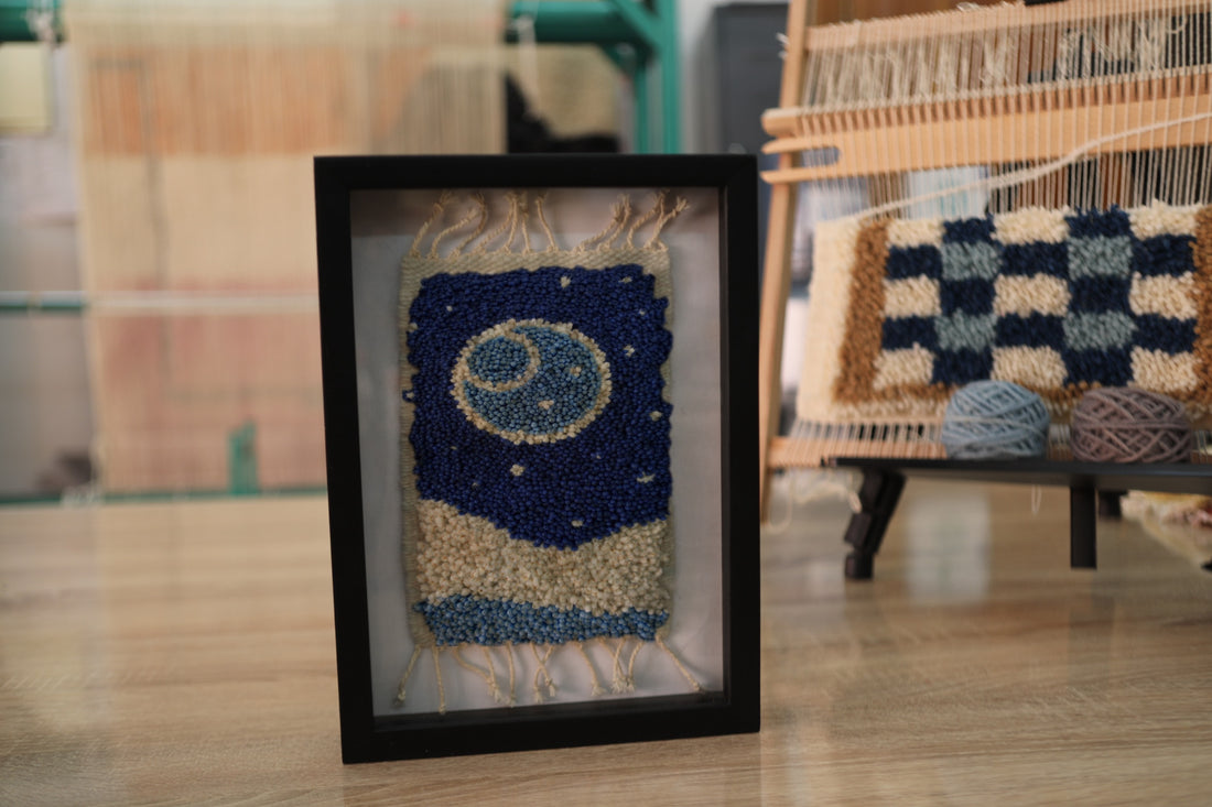 Handmade Moroccan Rug Wall Art - Framed Wool Tapestry with Moon and Stars, Navy and White, 25x31 cm, Culture-Inspired Home Decor