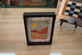 Moroccan rug, framed wool wall art, sunset desert tapestry, hand-knotted Moroccan textile, boho decor, wool landscape artwork, Berber weaving, shadow box rug, handmade Moroccan rug art, earth tone wall hanging, artisanal rug design, knot by knot rug, 25x31cm framed rug, woven Moroccan wall decor
