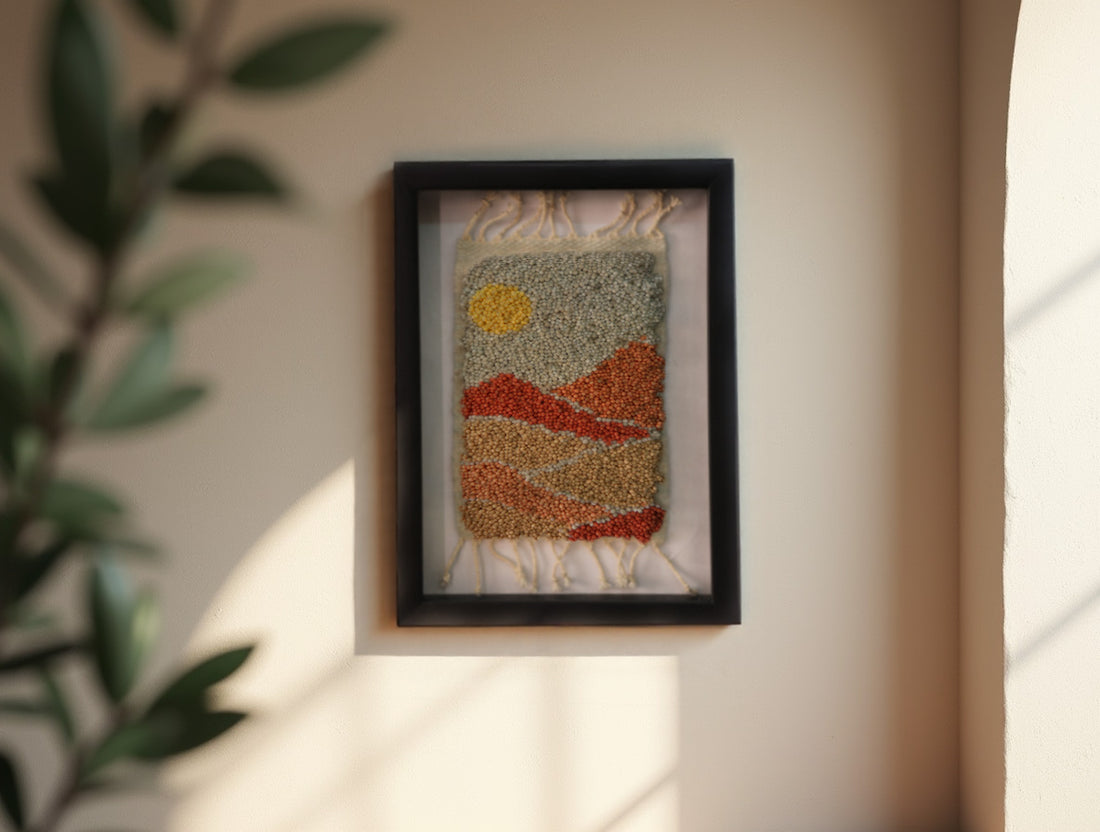 Moroccan rug, framed wool wall art, sunset desert tapestry, hand-knotted Moroccan textile, boho decor, wool landscape artwork, Berber weaving, shadow box rug, handmade Moroccan rug art, earth tone wall hanging, artisanal rug design, knot by knot rug, 25x31cm framed rug, woven Moroccan wall decor
